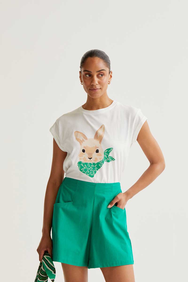 White T-Shirt with Bunny Print