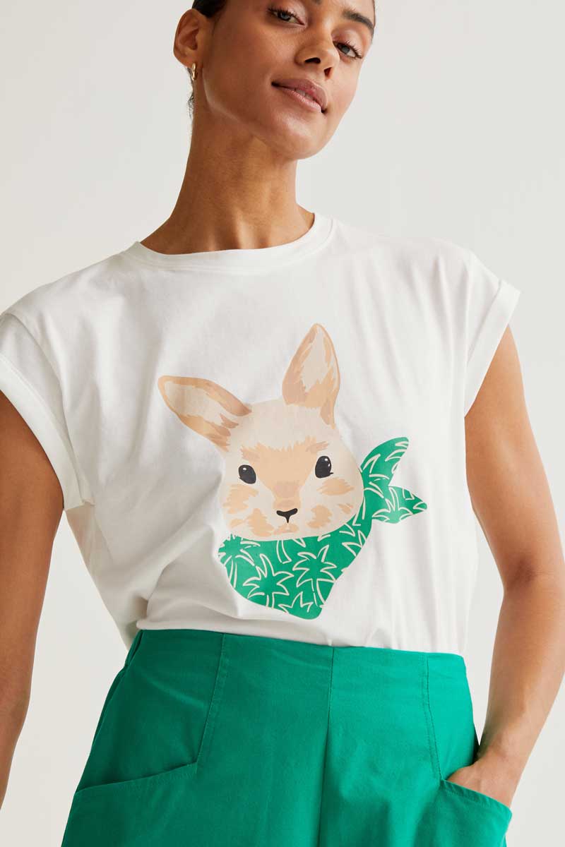 White T-Shirt with Bunny Print