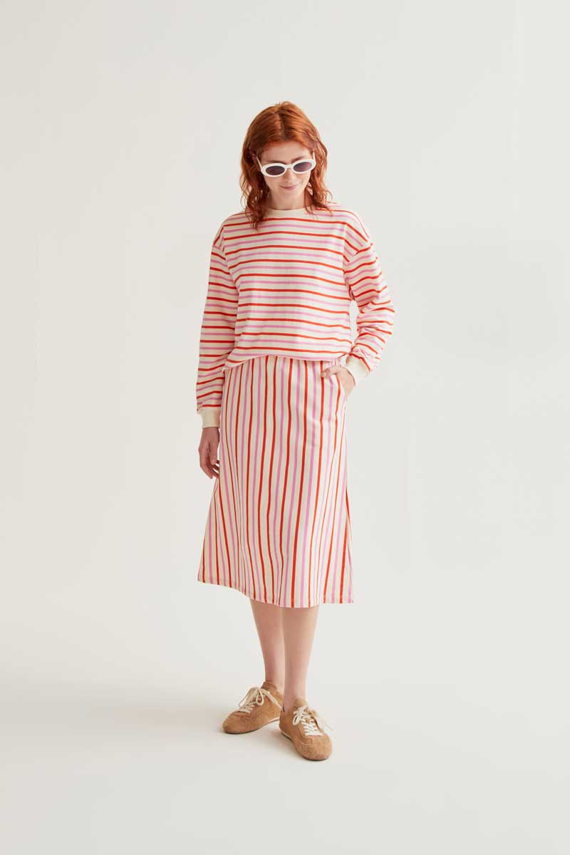 Midi Skirt in Pink and Red Stripes