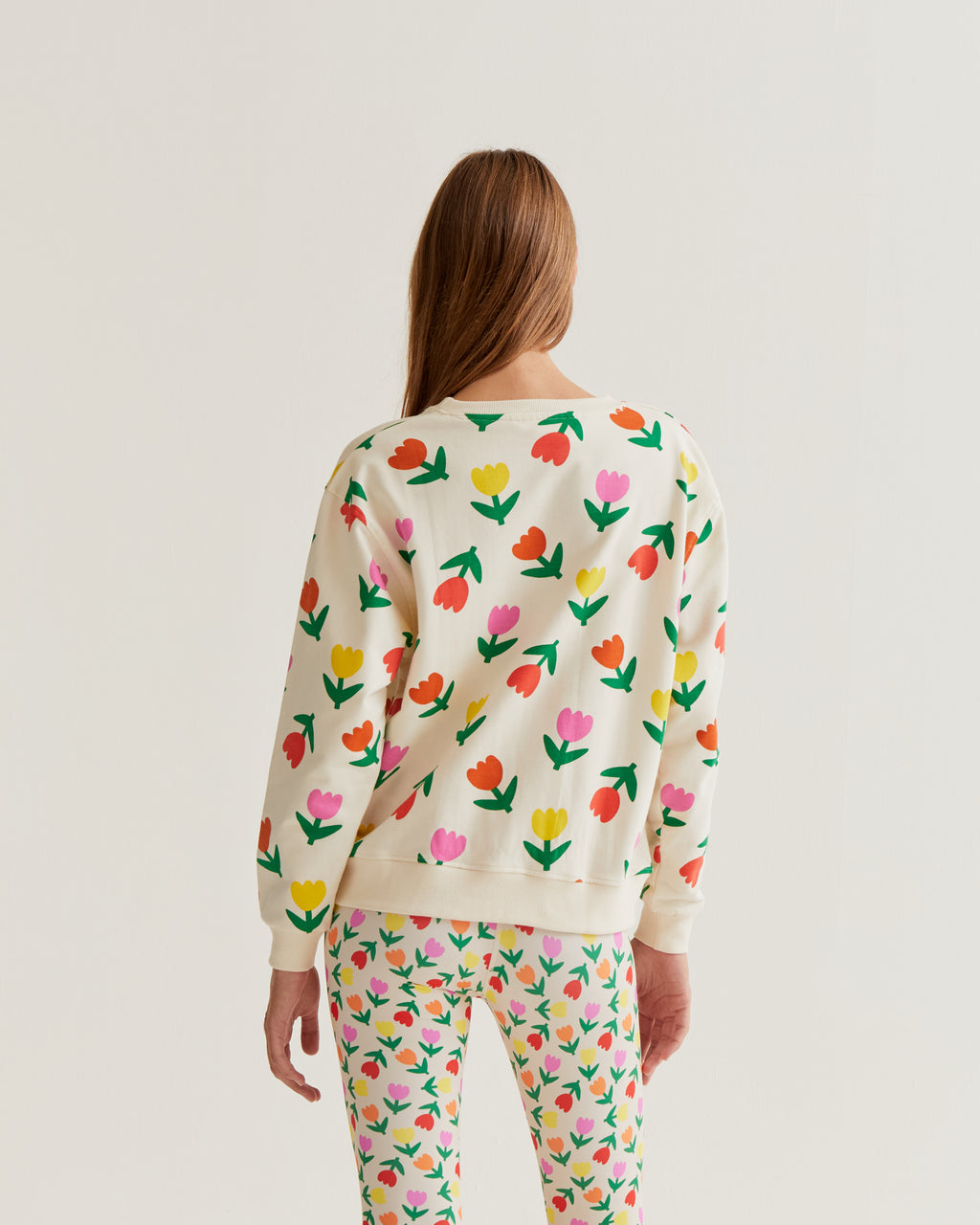 White Jersey with Multicolor Tulips Print