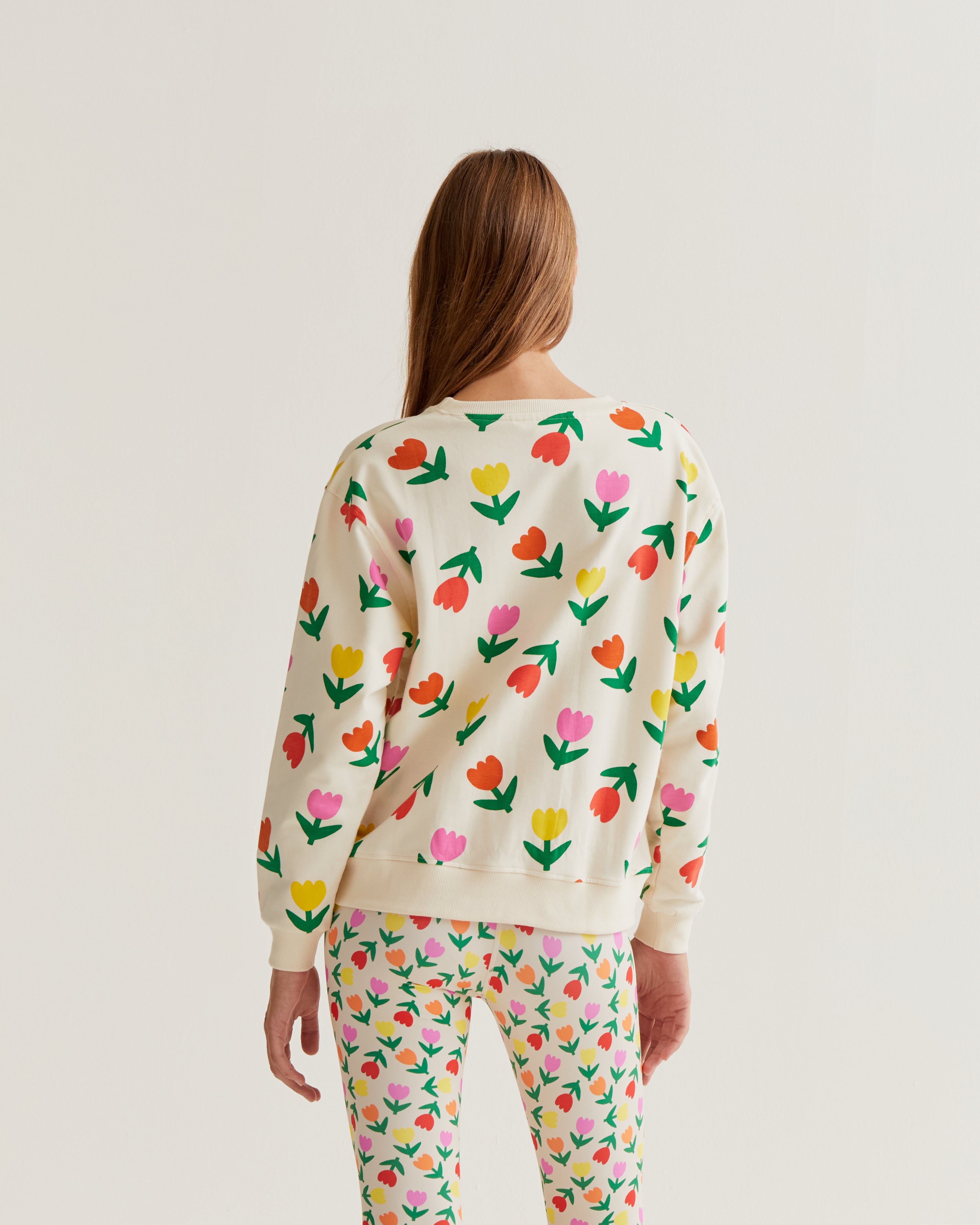 White Jersey with Multicolor Tulips Print
