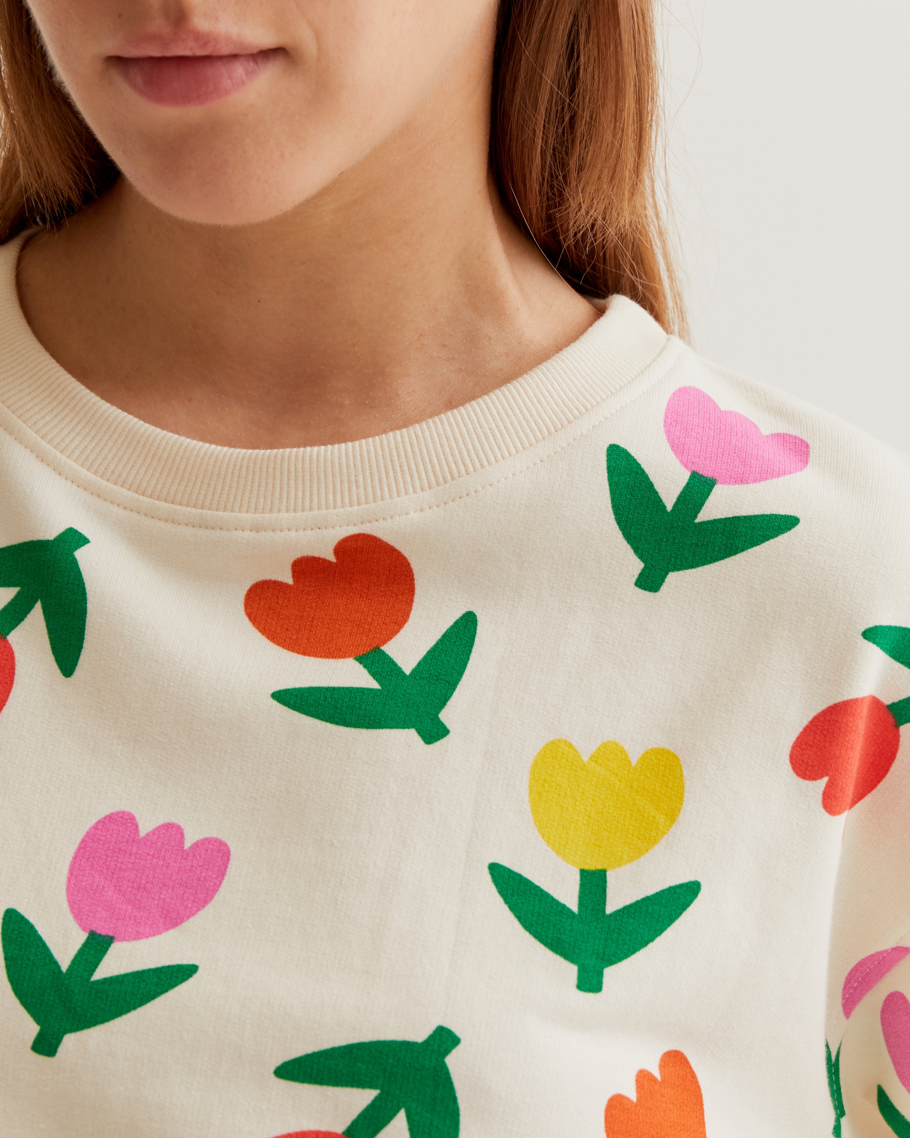 White Jersey with Multicolor Tulips Print