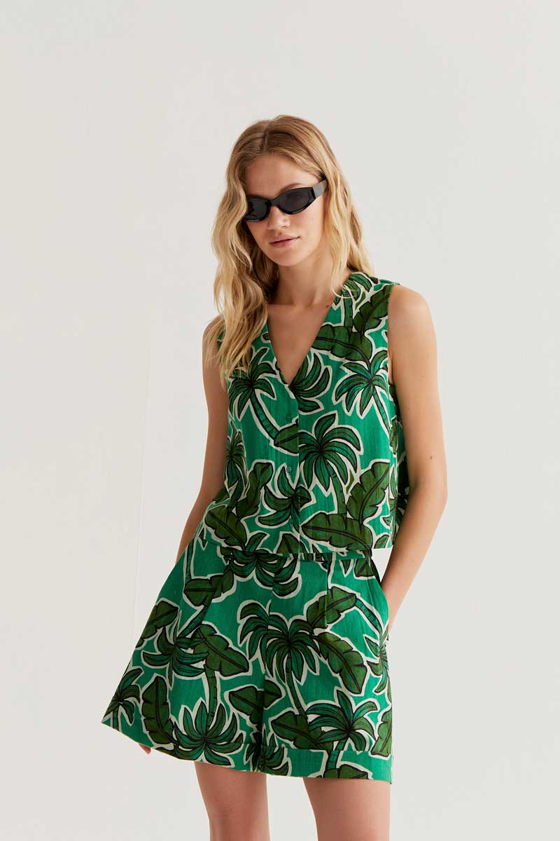 Green Vest with Palm Tree Print