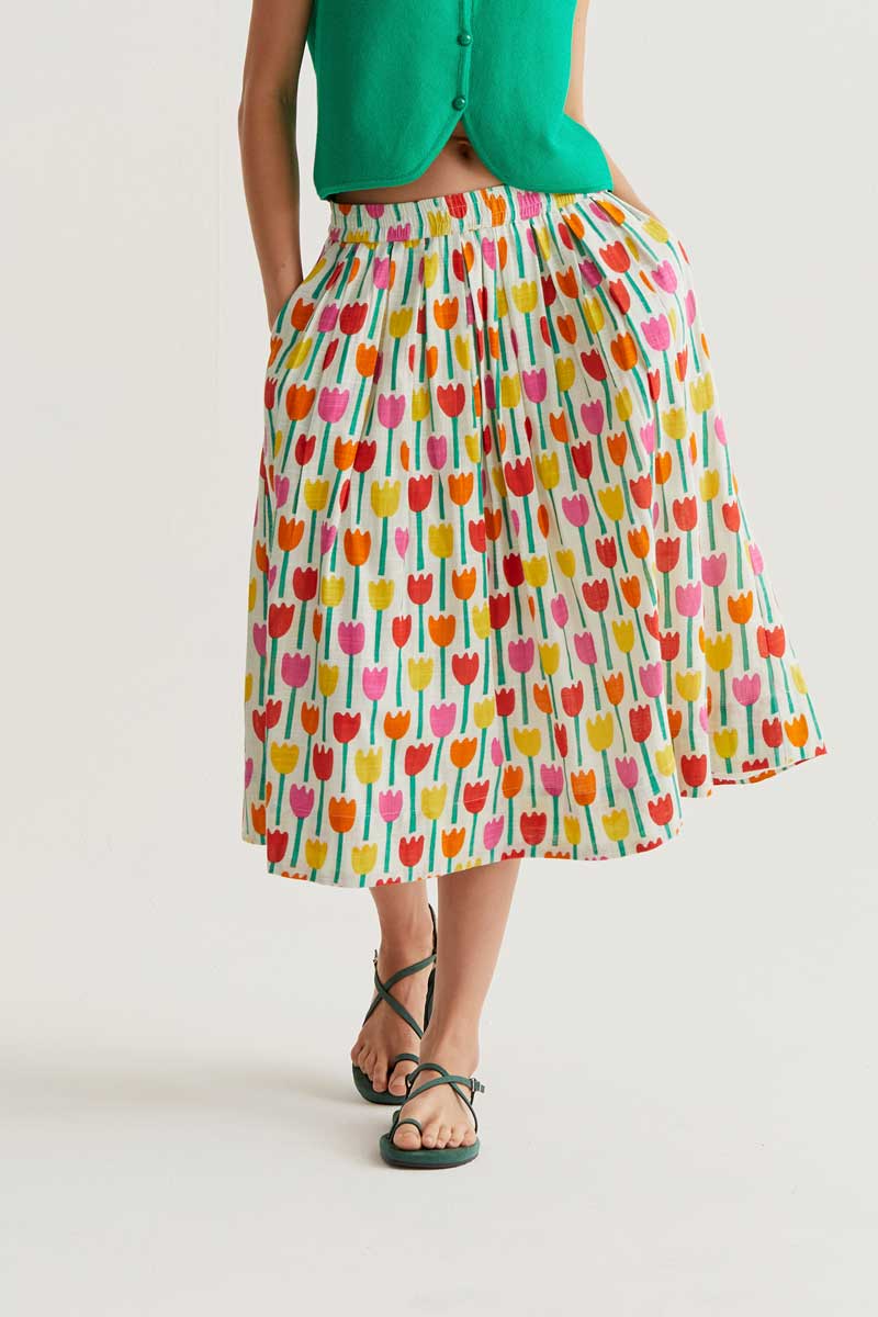 Midi Skirt with Tulips Print