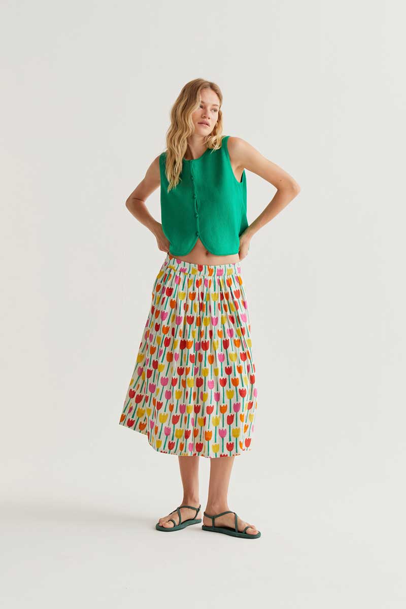 Midi Skirt with Tulips Print
