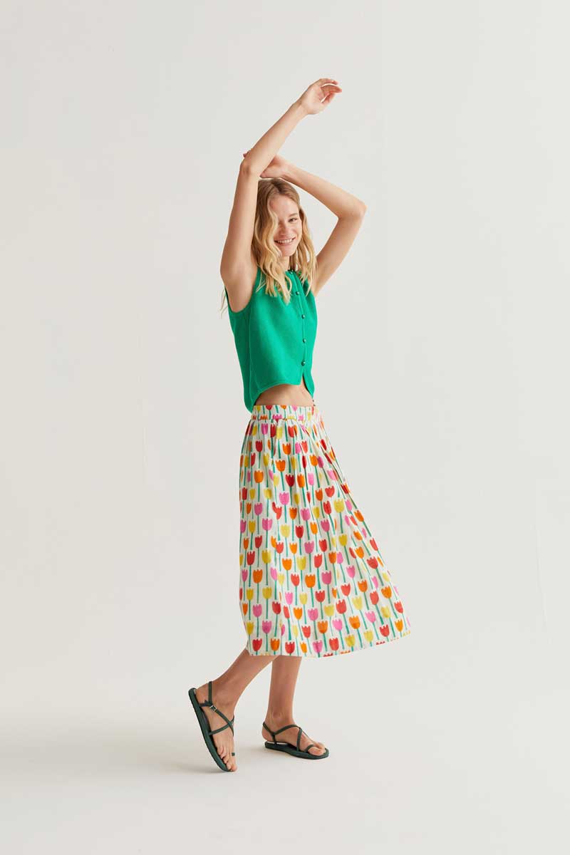 Midi Skirt with Tulips Print