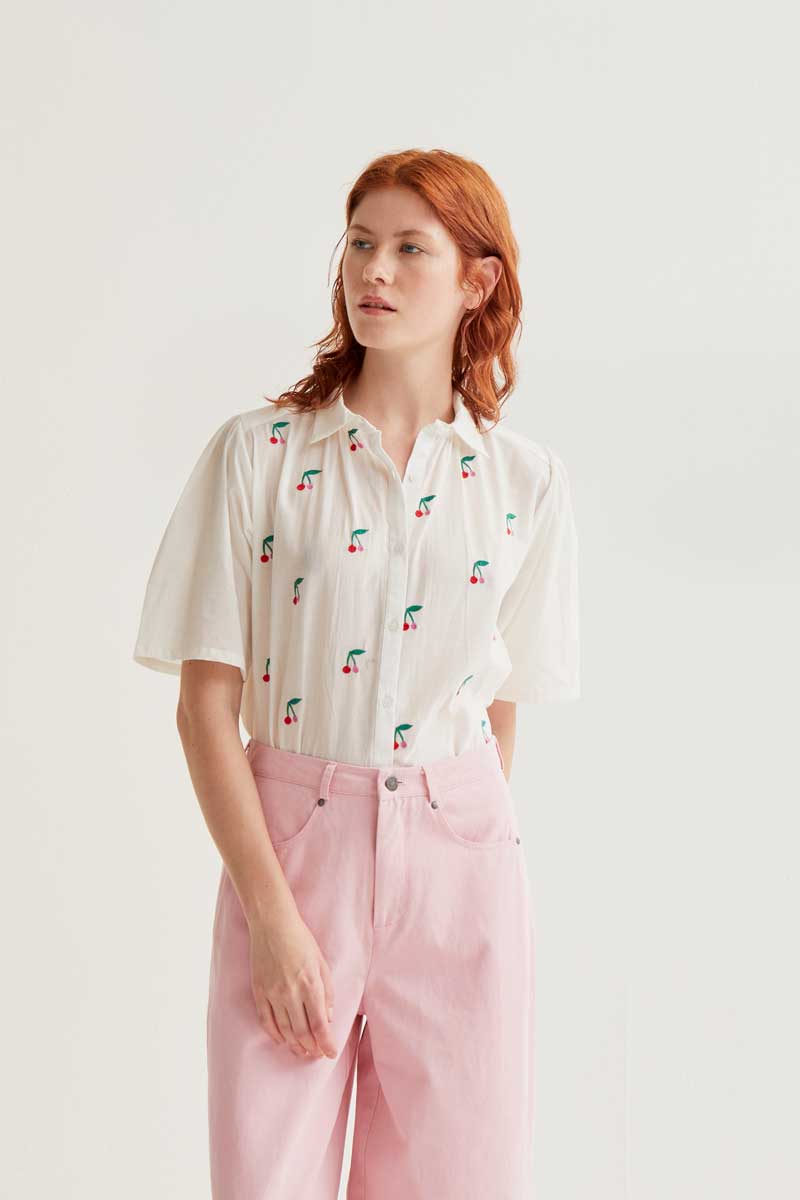 White Shirt with Cherries Print
