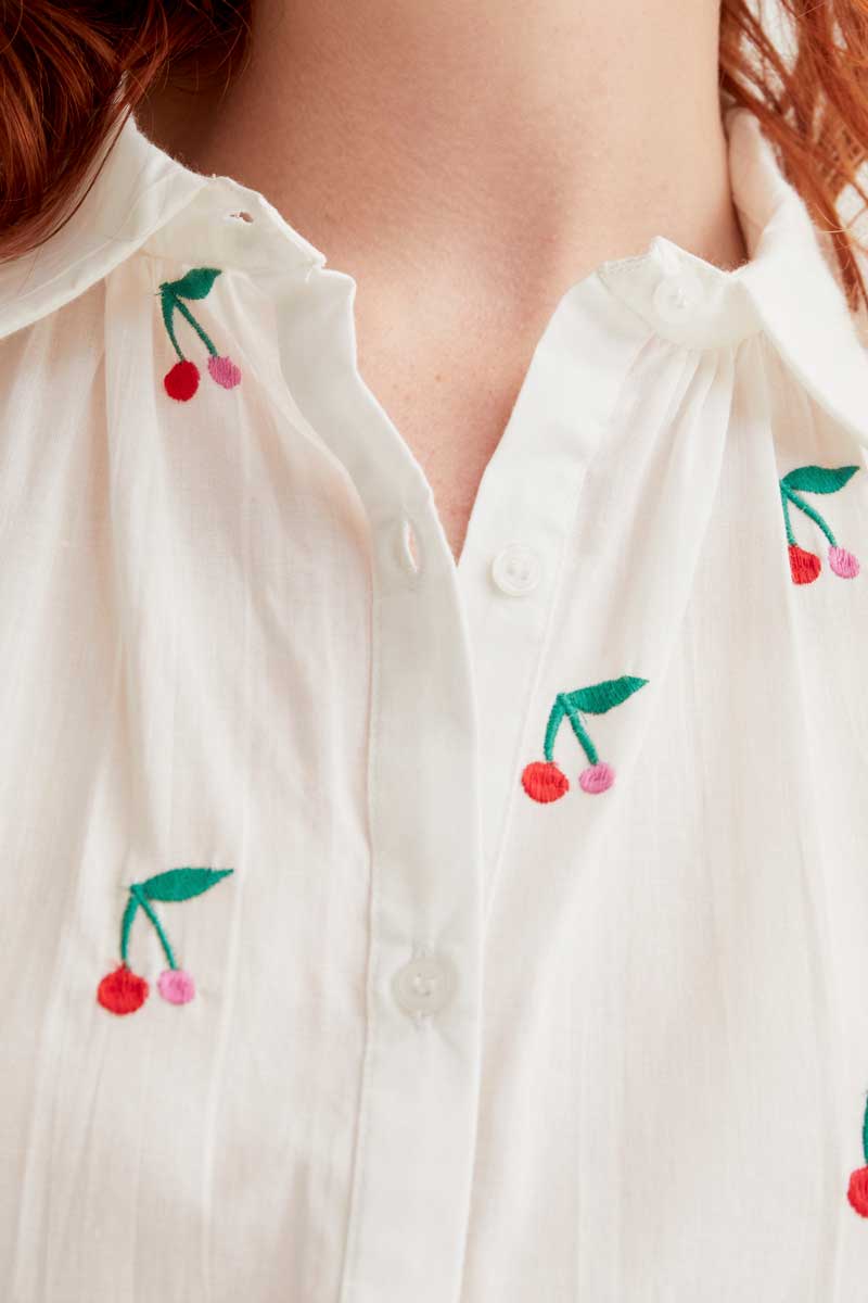 White Shirt with Cherries Print