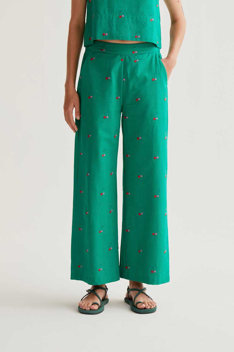 Green Trousers with Cherries Print