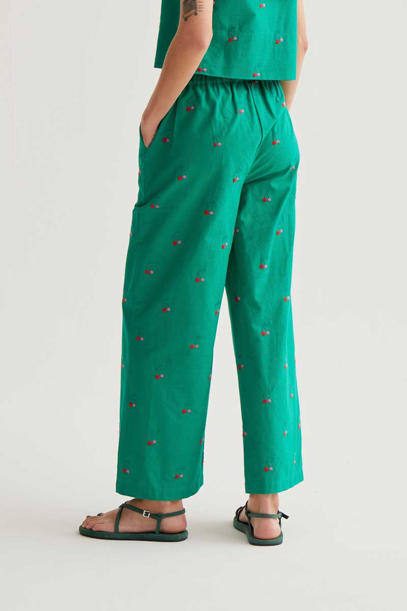 Green Trousers with Cherries Print