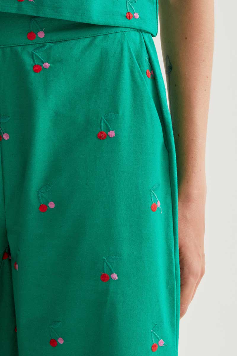 Green Trousers with Cherries Print