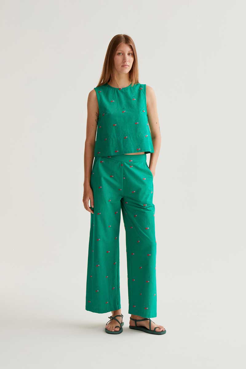 Green Trousers with Cherries Print