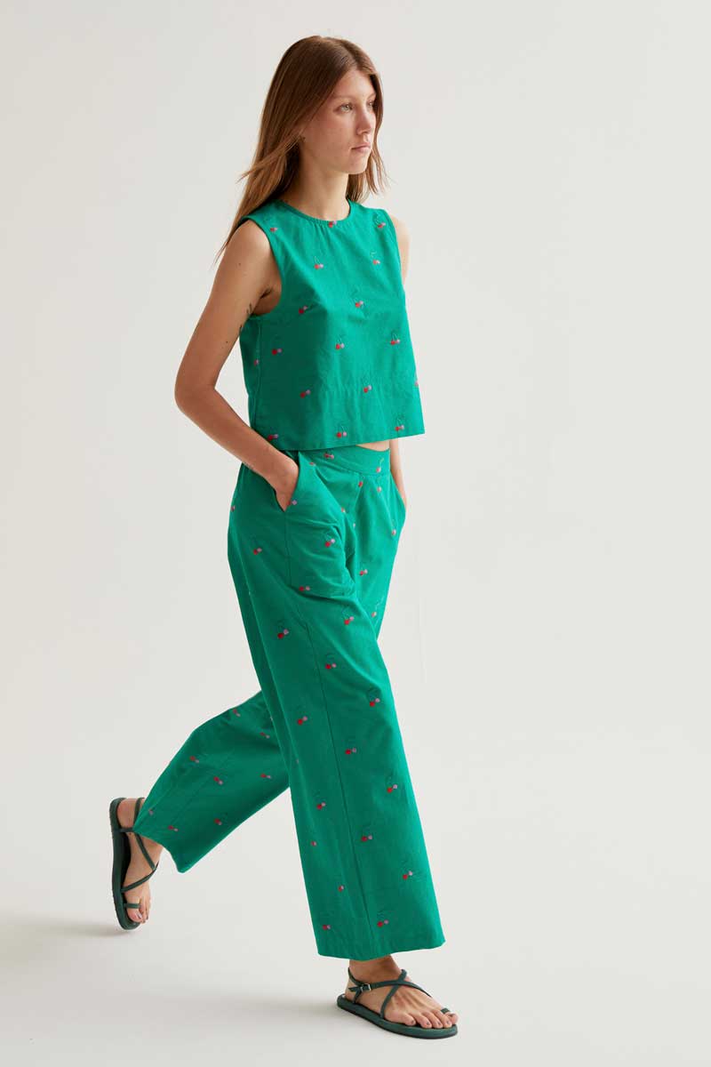 Green Trousers with Cherries Print