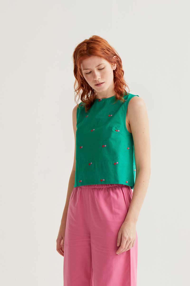Green Top with Cherries Print