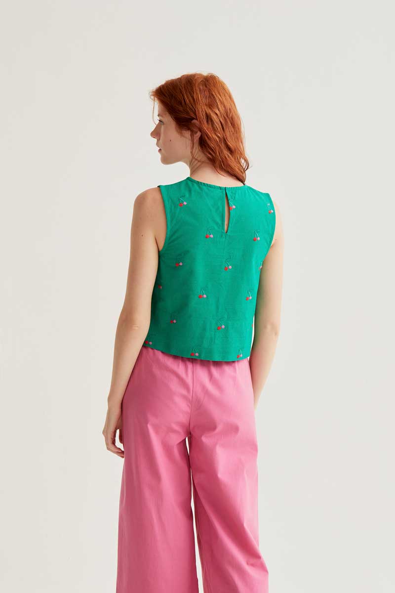 Green Top with Cherries Print