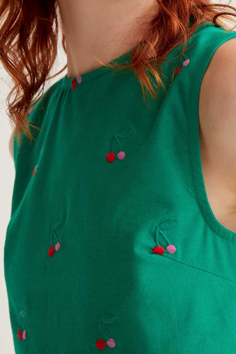 Green Top with Cherries Print