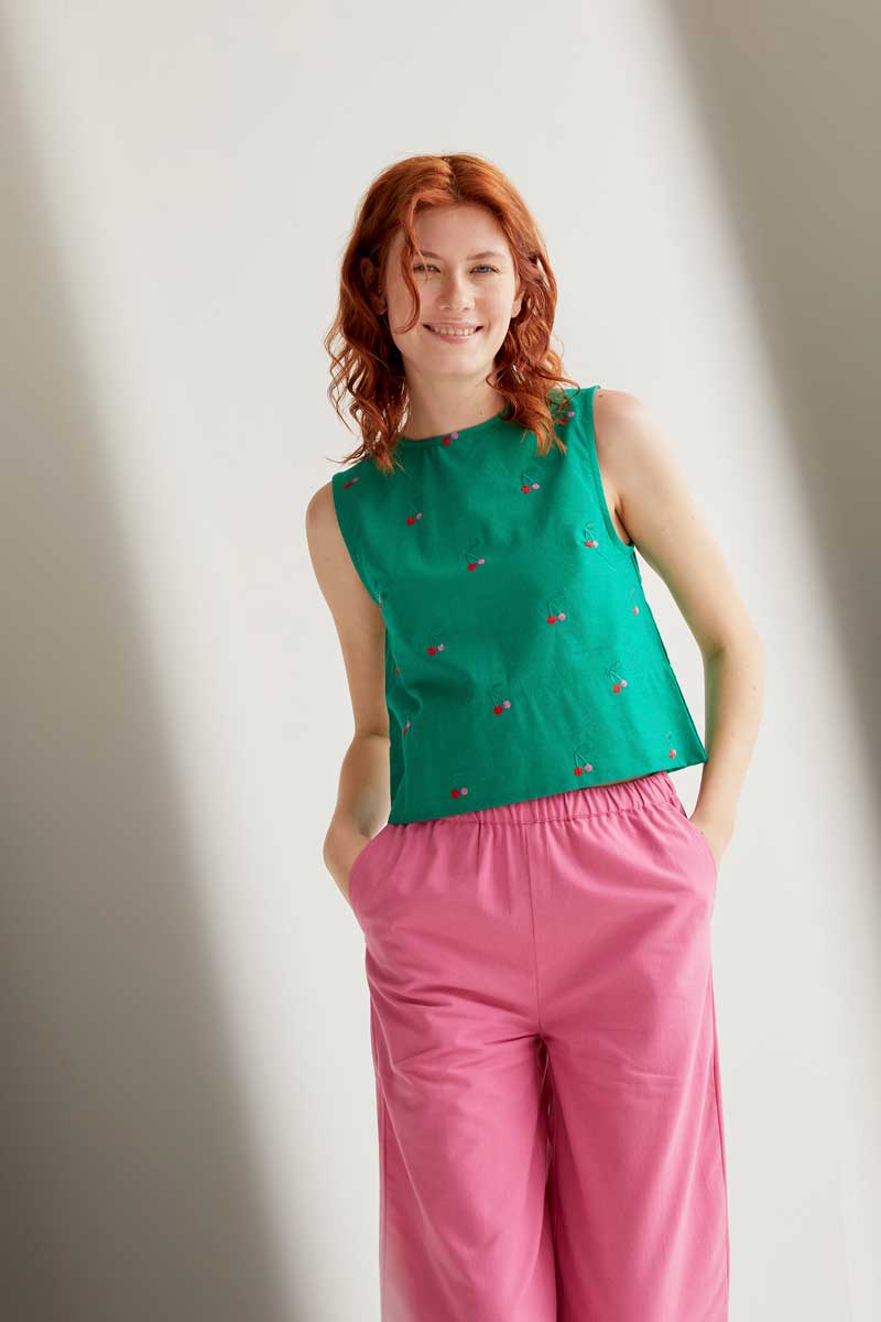 Green Top with Cherries Print