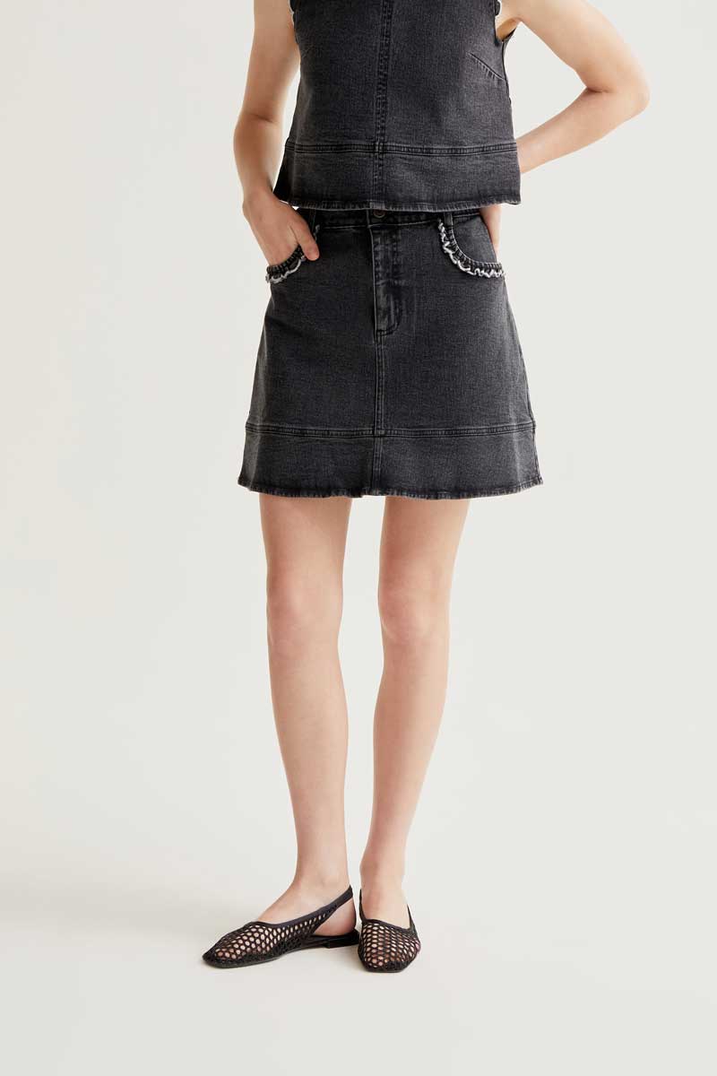 Black Denim Skirt with Ruffle Detail