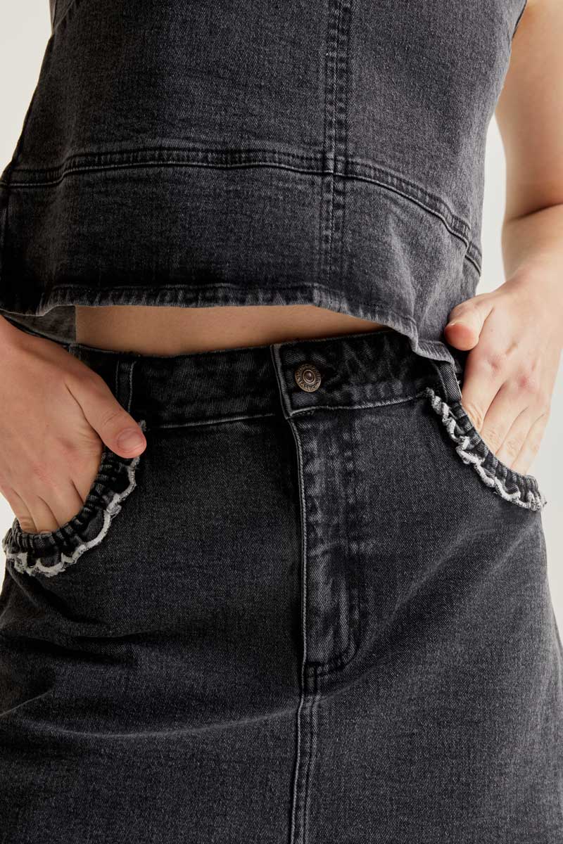 Black Denim Skirt with Ruffle Detail