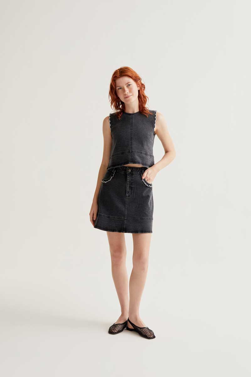 Black Denim Skirt with Ruffle Detail
