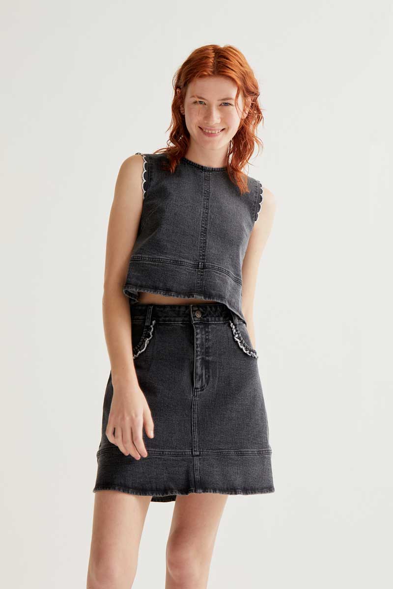 Black Denim Skirt with Ruffle Detail