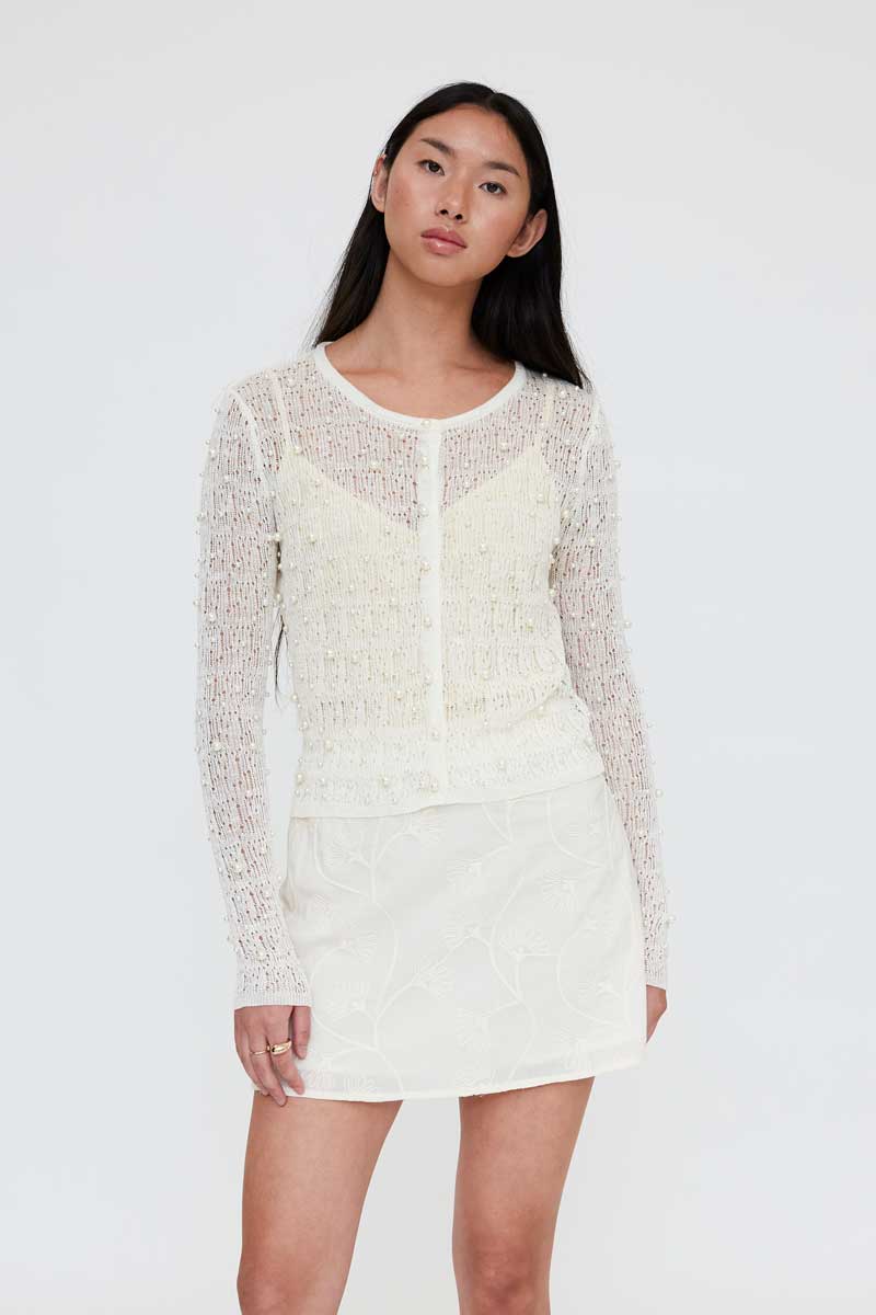 Openwork Ecru Cardigan with Pearls