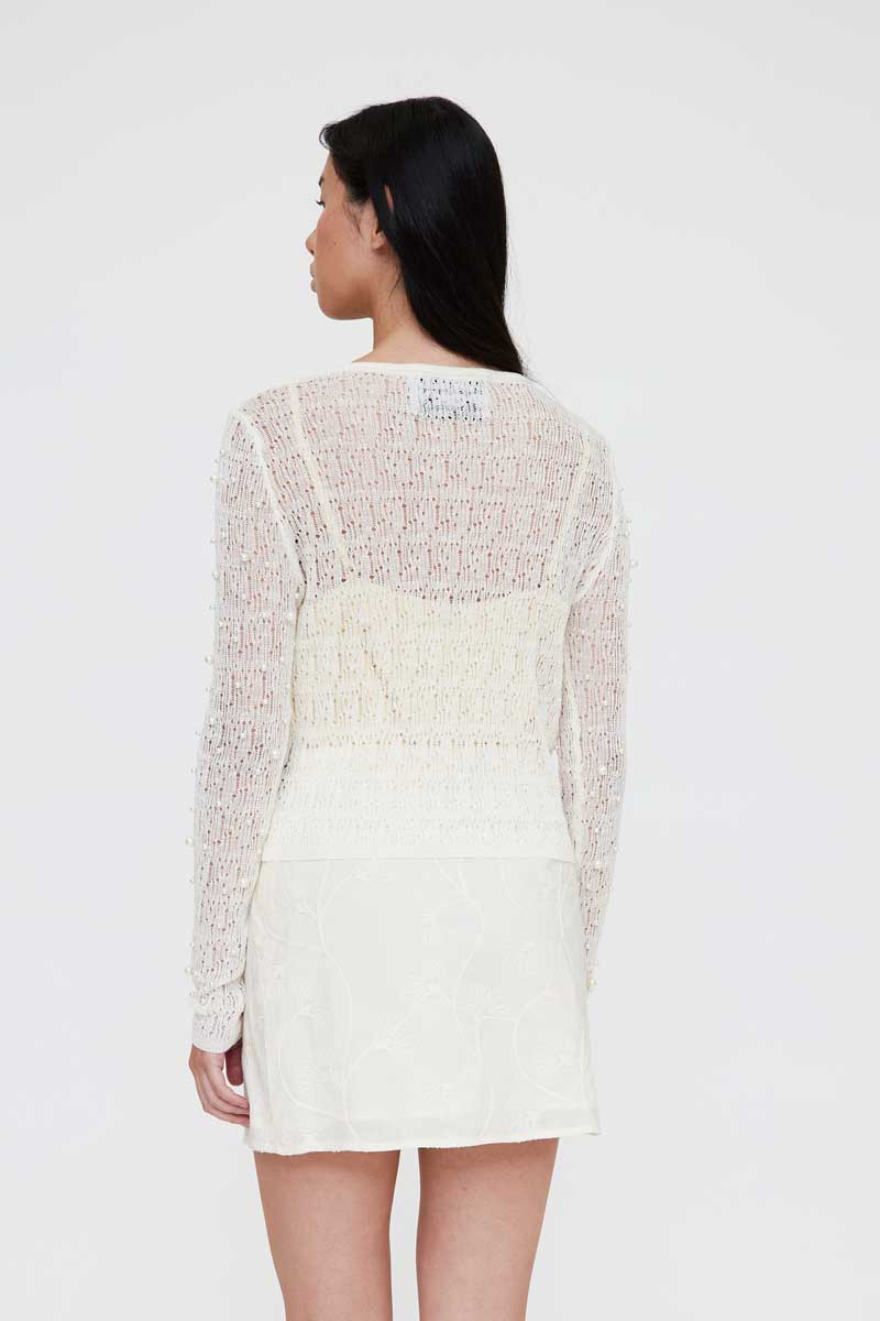 Openwork Ecru Cardigan with Pearls