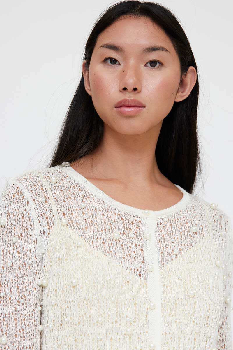 Openwork Ecru Cardigan with Pearls