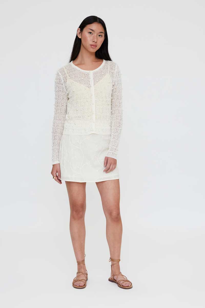 Openwork Ecru Cardigan with Pearls
