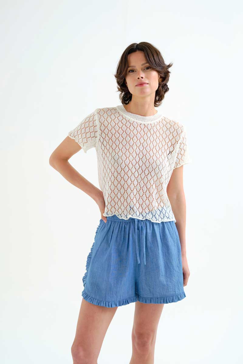 White Openwork Knit Top