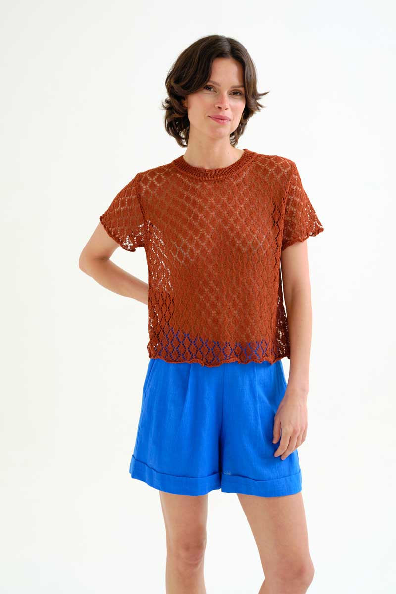 Brown Openwork Knit Top