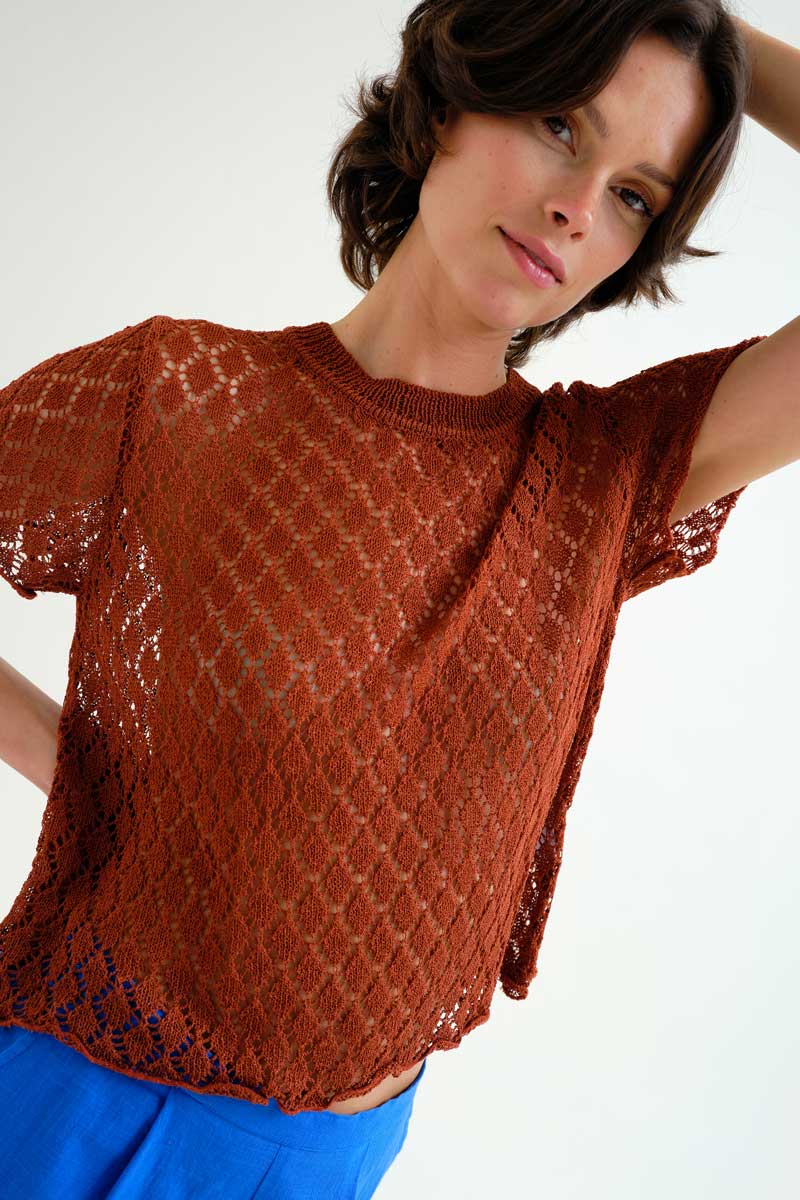 Brown Openwork Knit Top