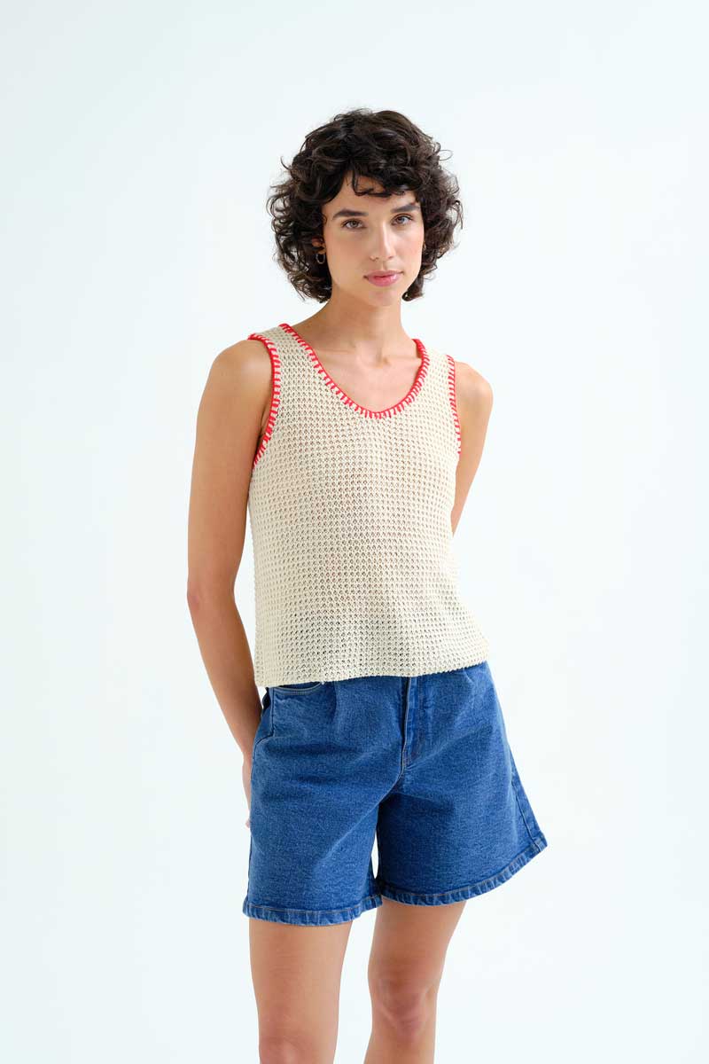 Off-White Knit Top with Red Embroidery