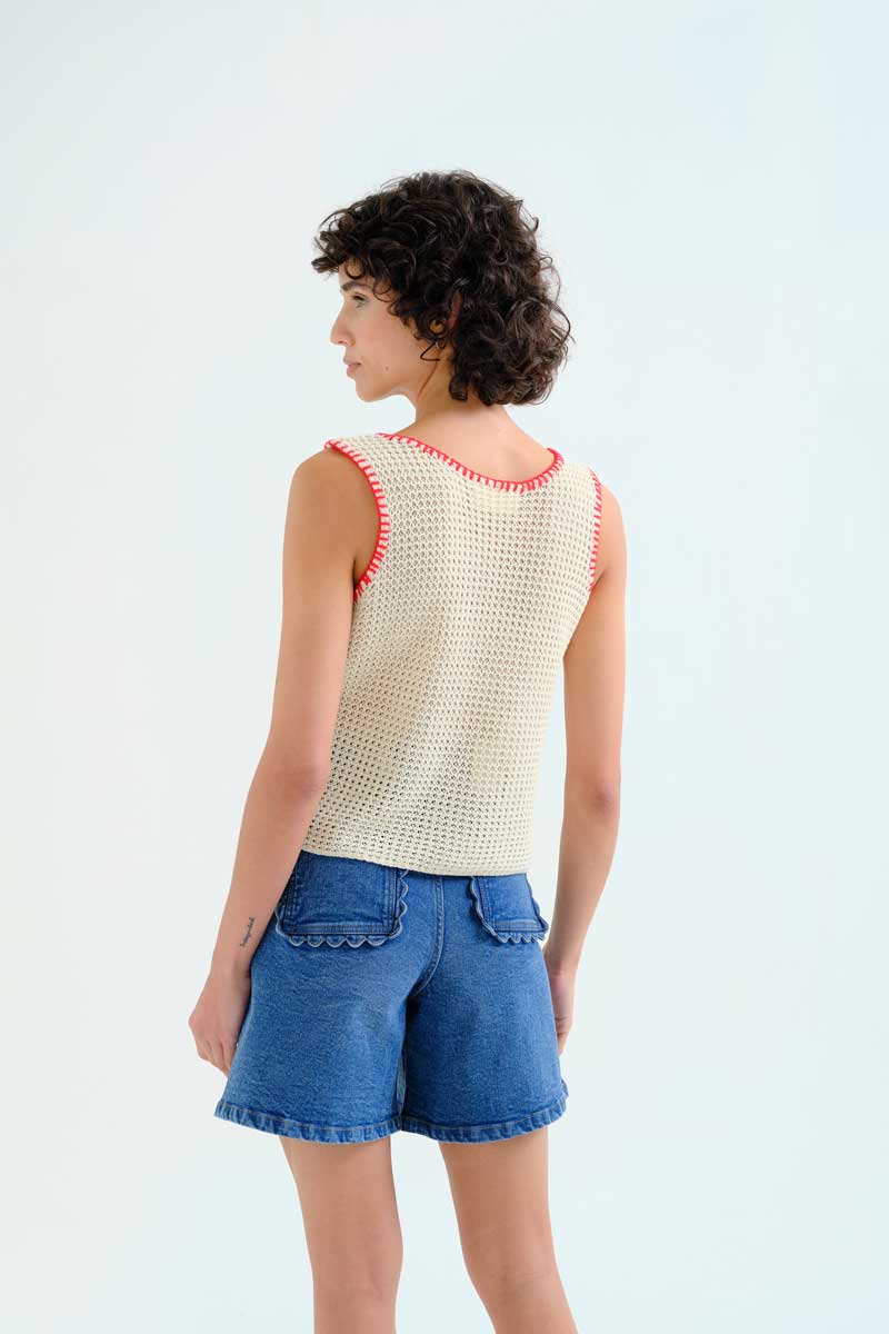Off-White Knit Top with Red Embroidery