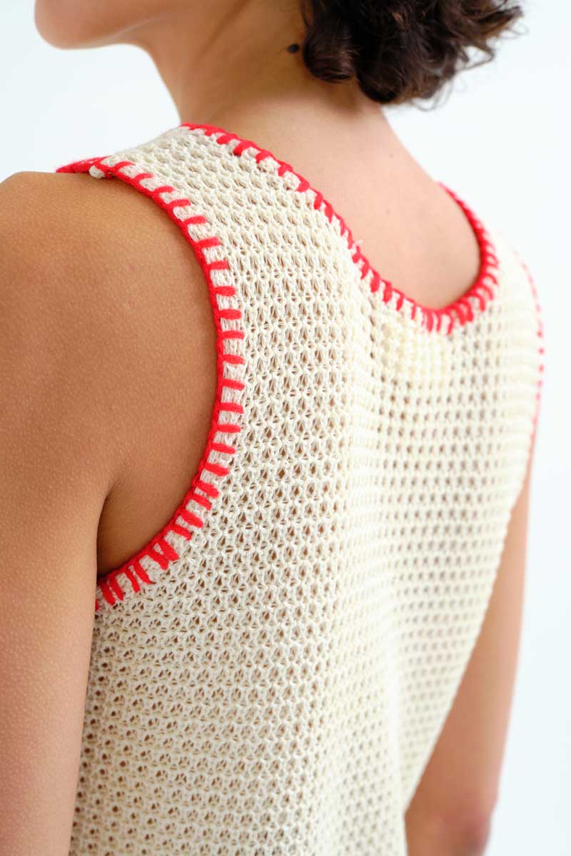 Off-White Knit Top with Red Embroidery