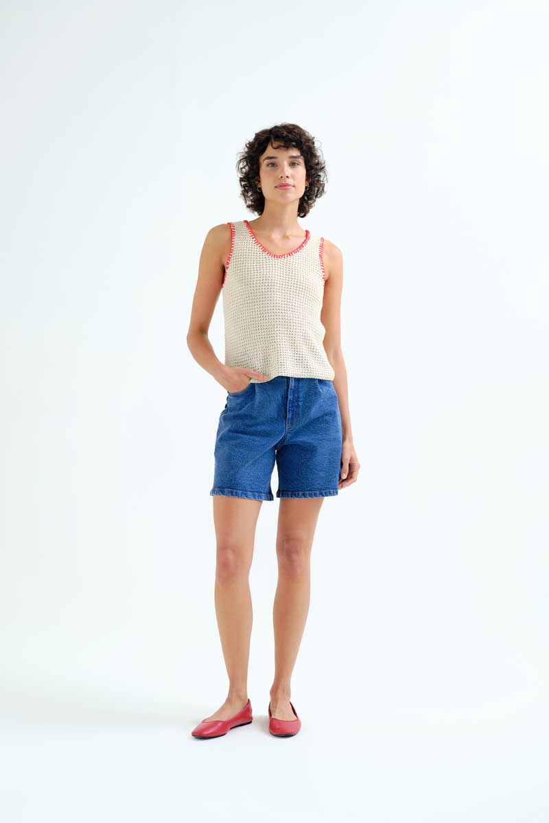Off-White Knit Top with Red Embroidery
