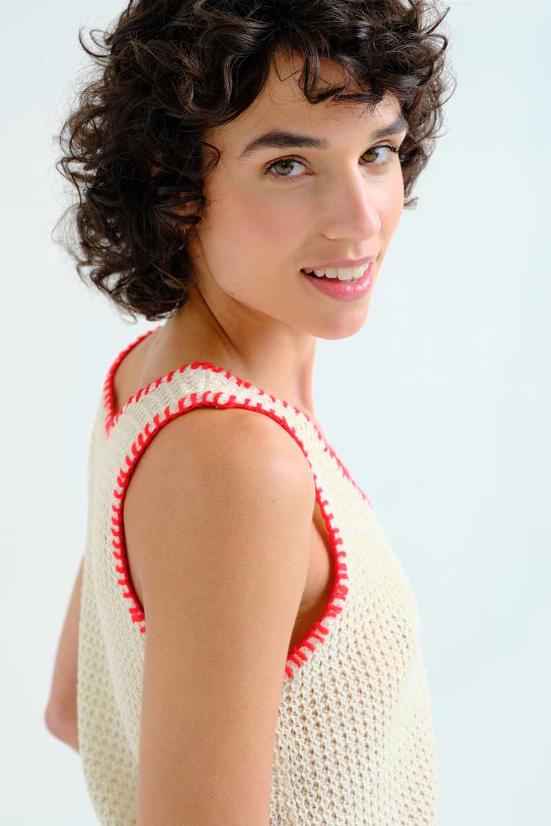Off-White Knit Top with Red Embroidery