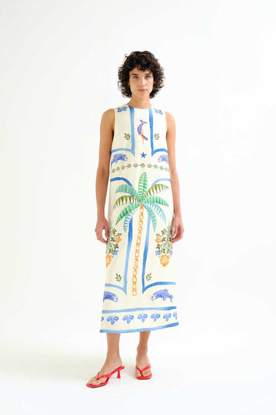 Maxi Dress with Palm and Mermaid Print