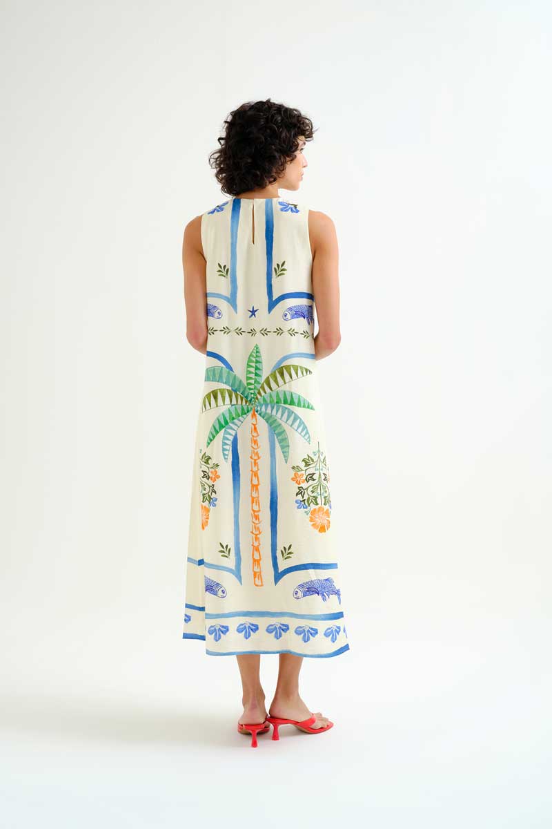Maxi Dress with Palm and Mermaid Print