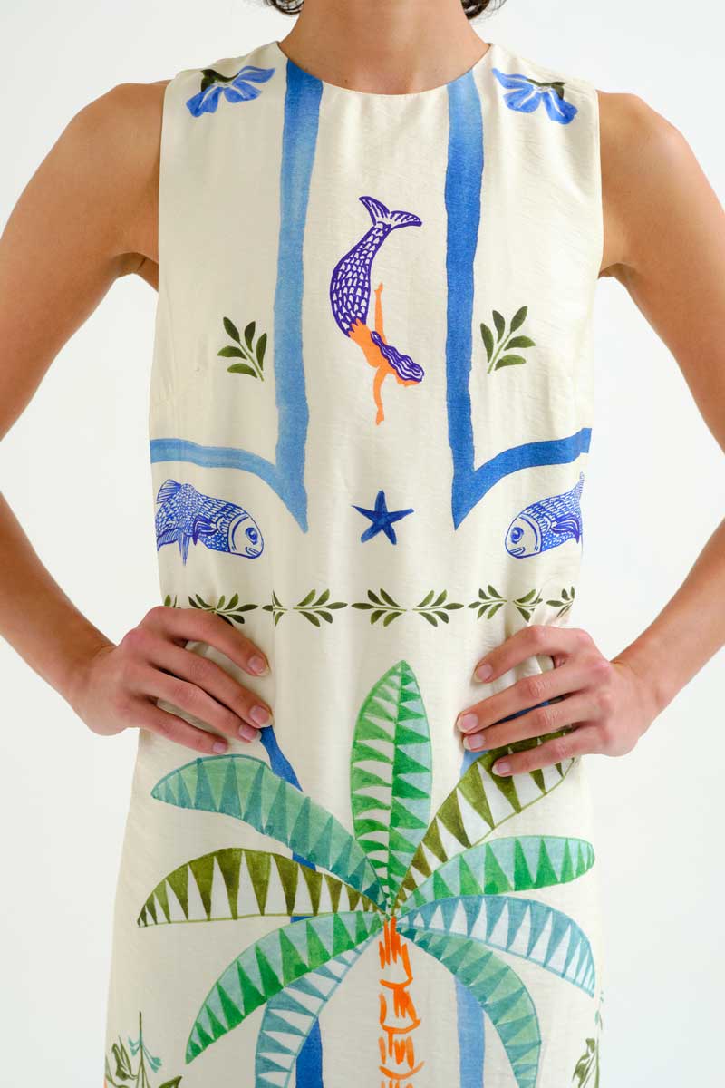 Maxi Dress with Palm and Mermaid Print
