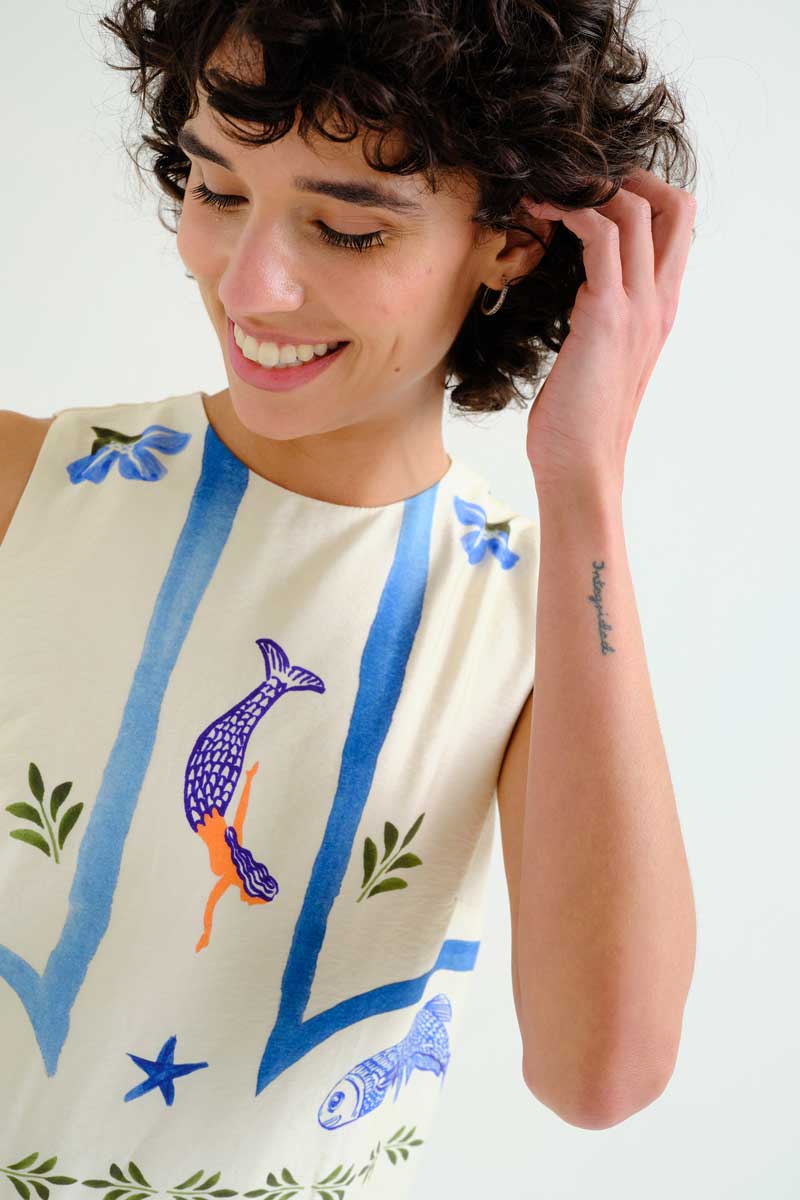 Maxi Dress with Palm and Mermaid Print