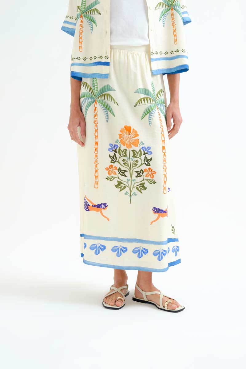 Long Skirt with Palm and Mermaid Print
