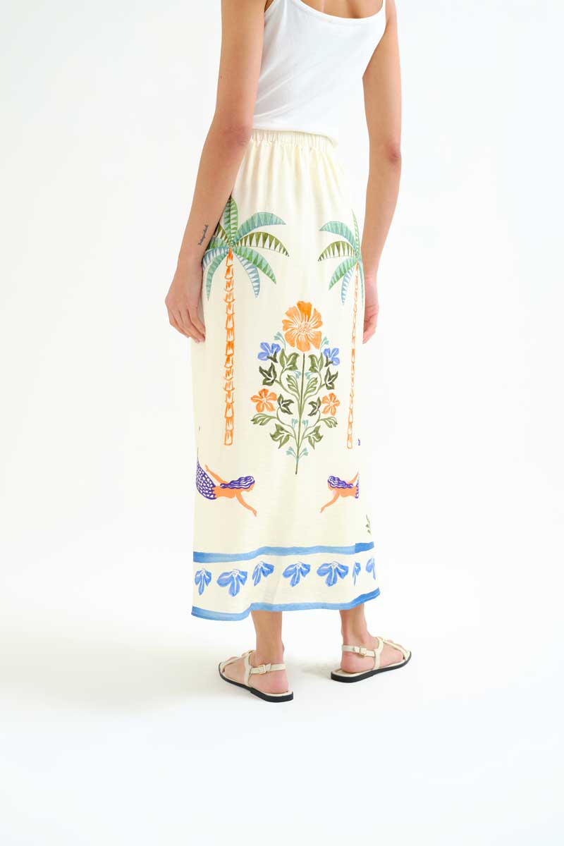 Long Skirt with Palm and Mermaid Print
