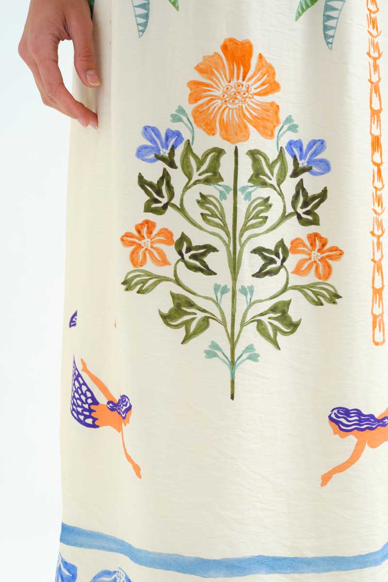 Long Skirt with Palm and Mermaid Print