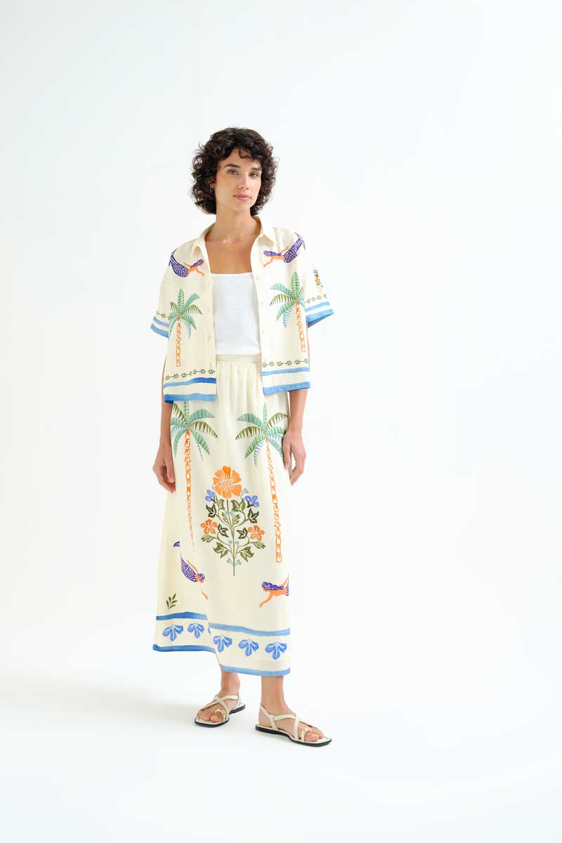 Long Skirt with Palm and Mermaid Print