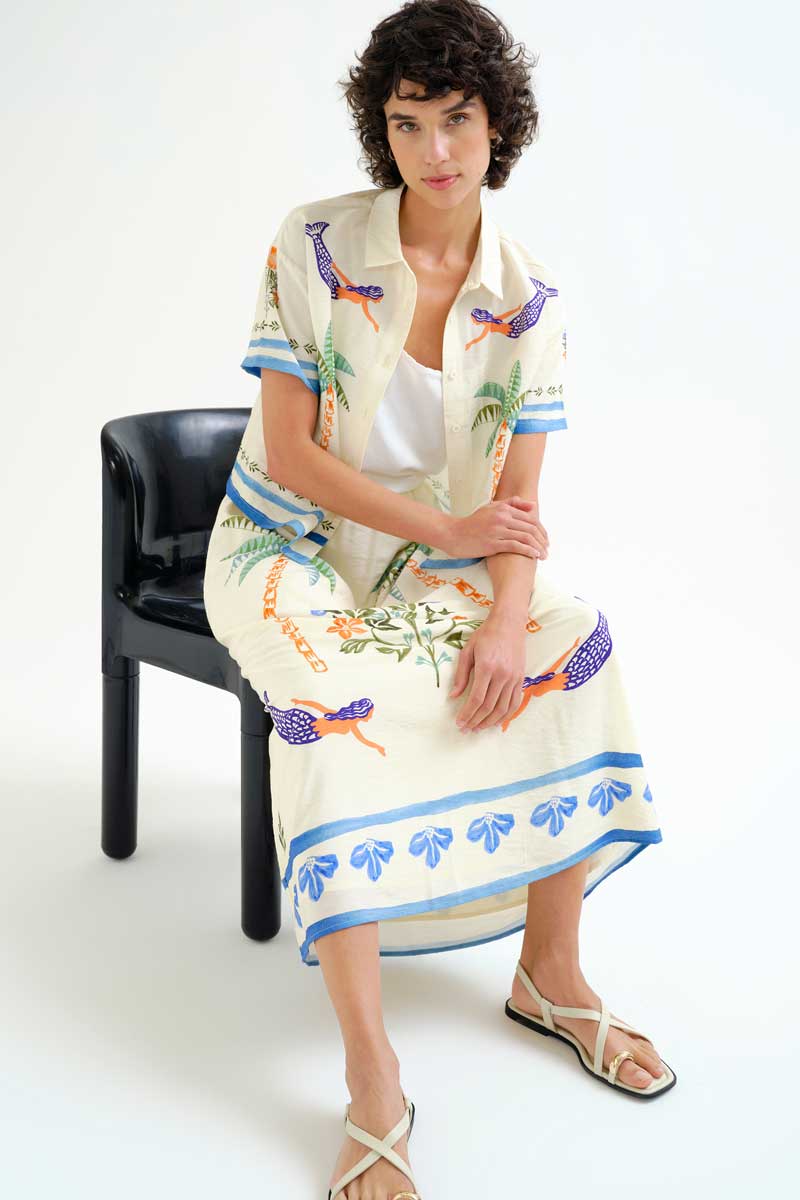 Long Skirt with Palm and Mermaid Print