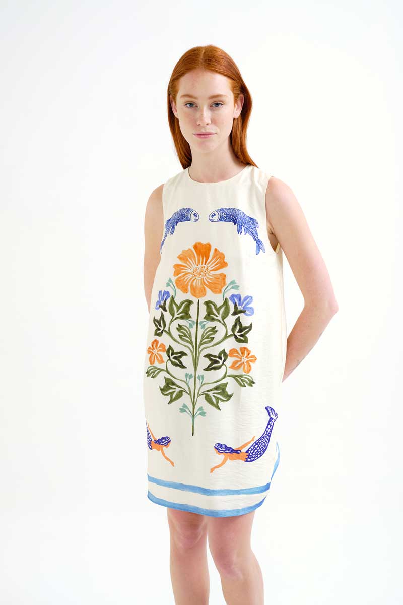 Mini Dress with Palm and Mermaid Print