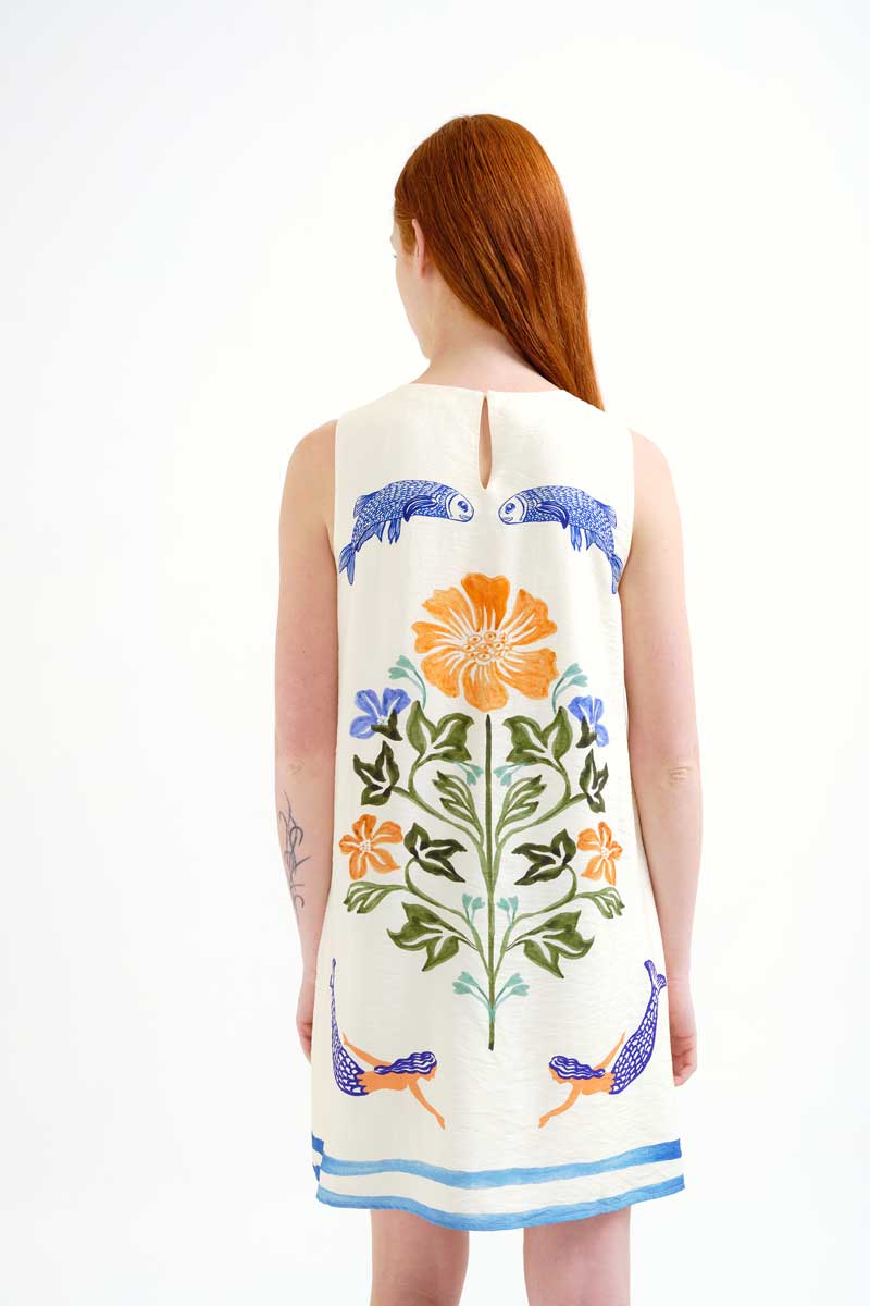 Mini Dress with Palm and Mermaid Print