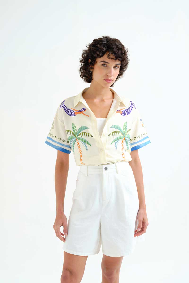 Shirt with Palm and Mermaid Print
