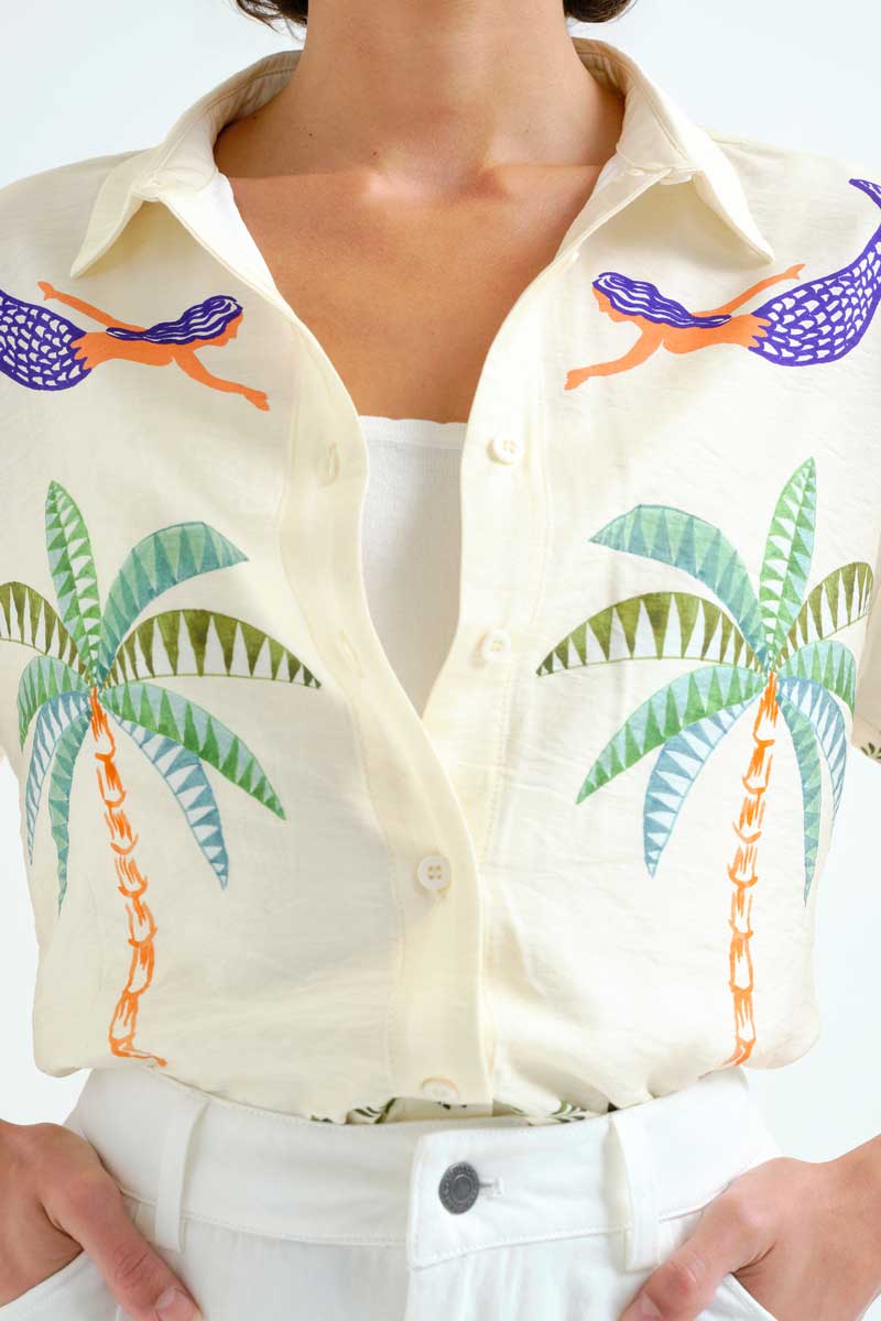 Shirt with Palm and Mermaid Print